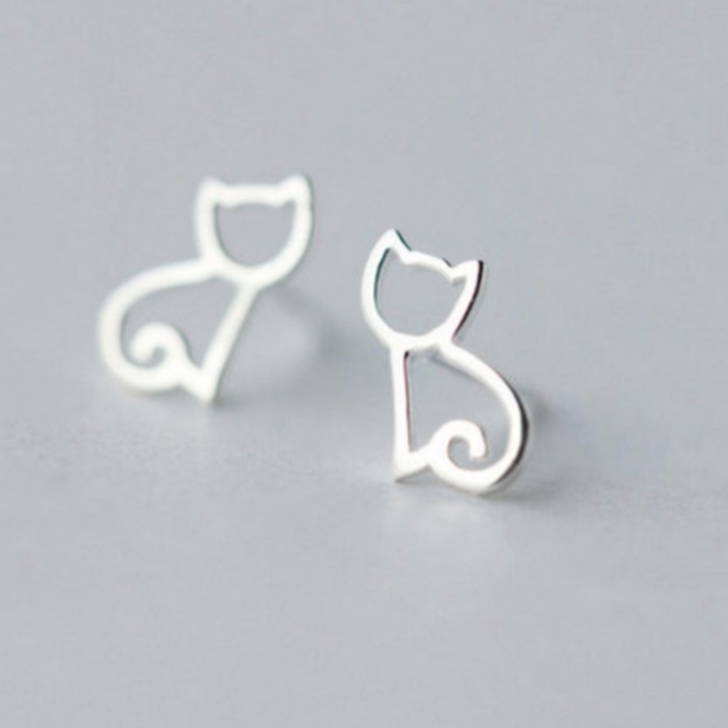 Nwt 925 Sterling Silver Kitty Cat Outline Pierced Earrings With Rubber Backs!